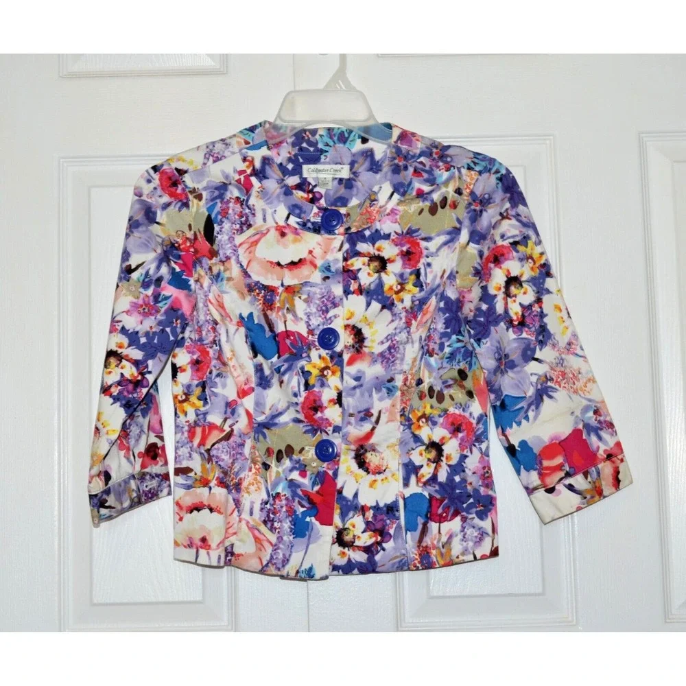 Coldwater Creek Jacket Women's Size 4 Multicolor Floral 3/4 Sleeve Button Front‎